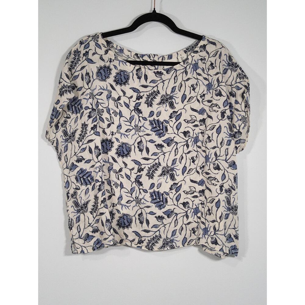Rachel Zoe Linen Floral Blouse Blue White Button Back
